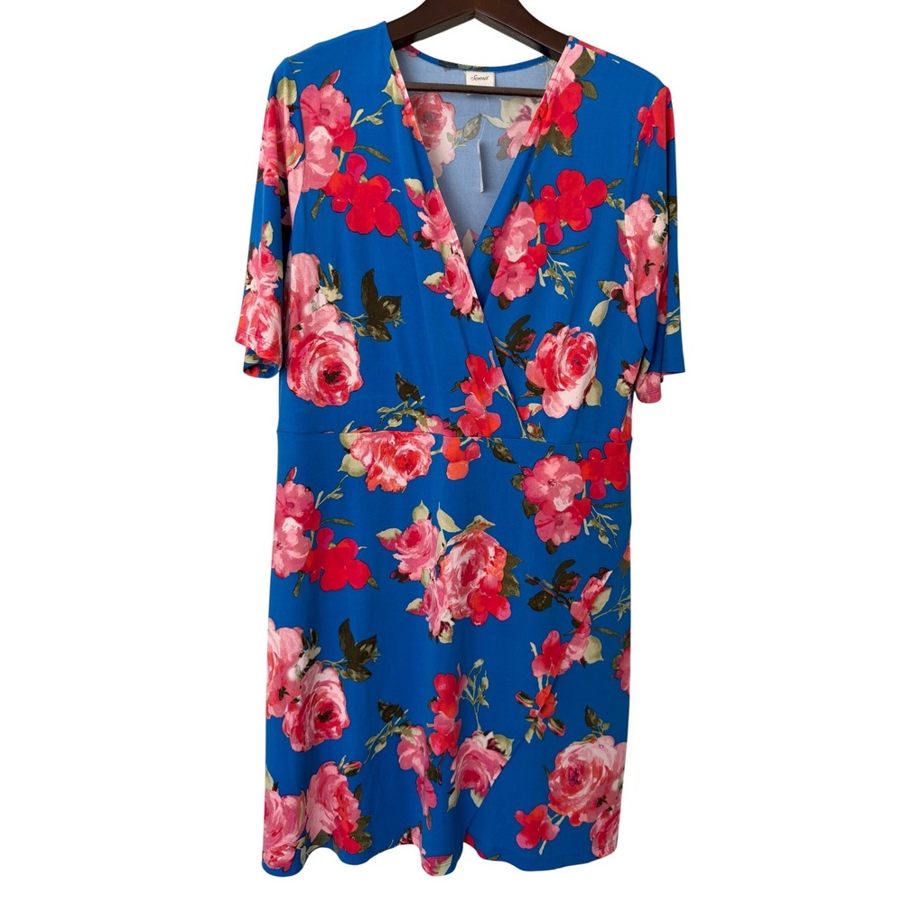 Soma XXL Multi Floral Wrap Dress Blue Pink Short Sleeve V-Neck 570260529